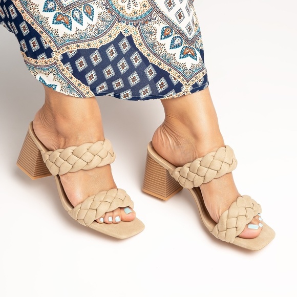 SunnyMia Shoes - TAUPE Braided Stacked Heel Sandals 6.5
